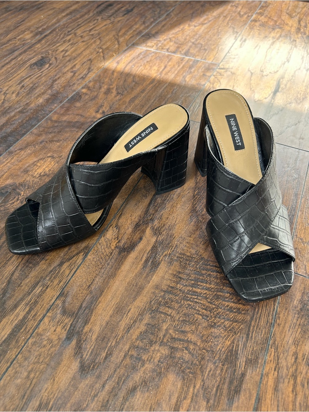 Nine West Black Croc-Embossed Crisscross Block Heel Mules
